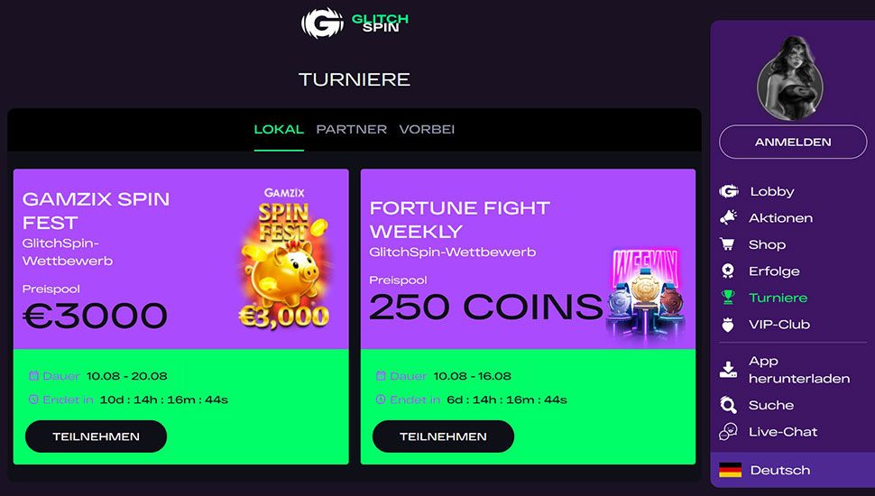 Glitchspin Casino – Liste der Turniere