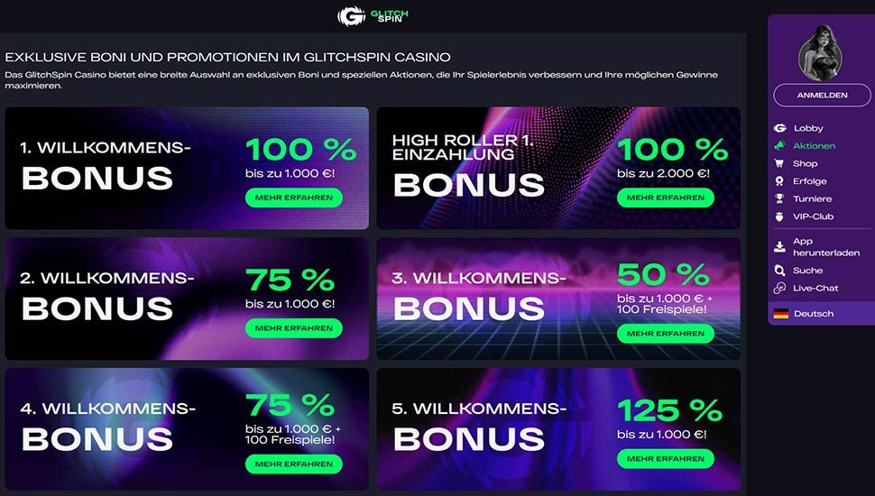 Glitchspin Casino – Liste der Werbeaktionen